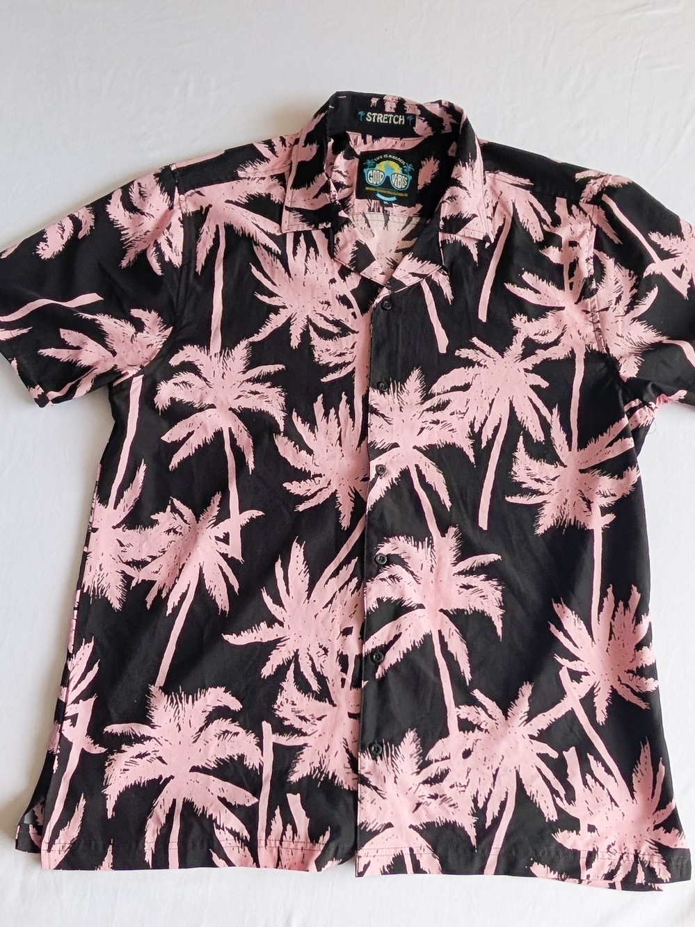Good Vibes Clothing Co Mens Pink Palm Tree Black Stretch Button Down Shirt XL